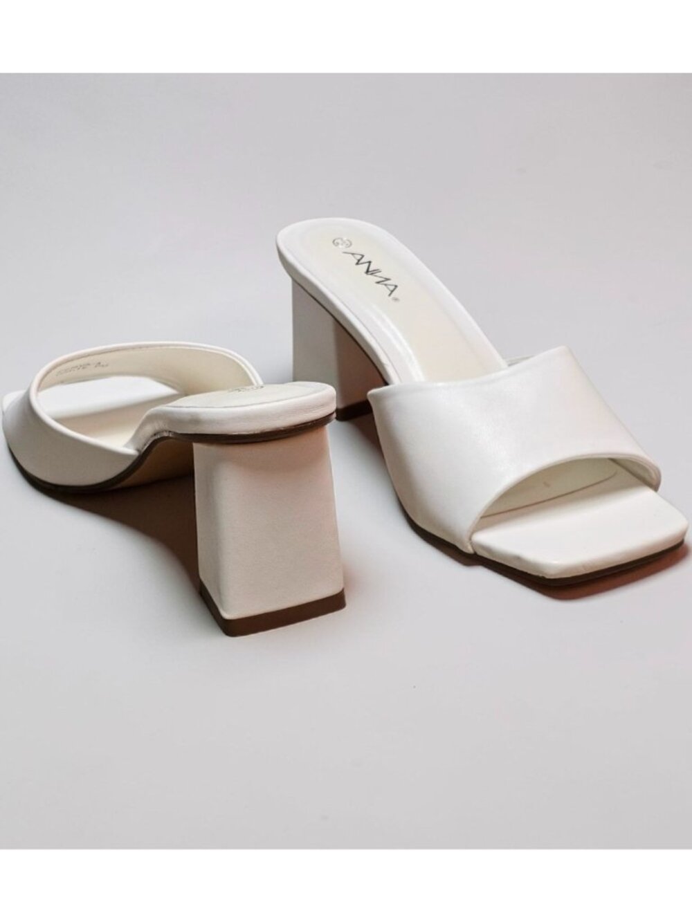 White Block Heel Mules With Open Square Toe Womens Heeled Sandals